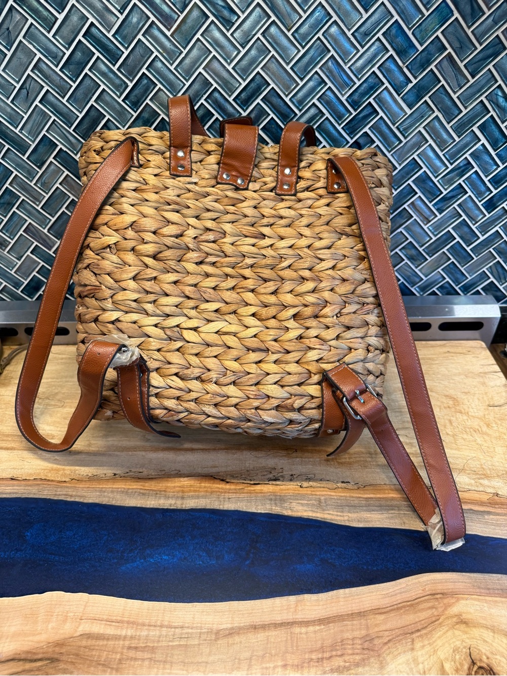 Woven Straw Tote Bag/backpack with Brown Leather Trim - Picture 3 of 5